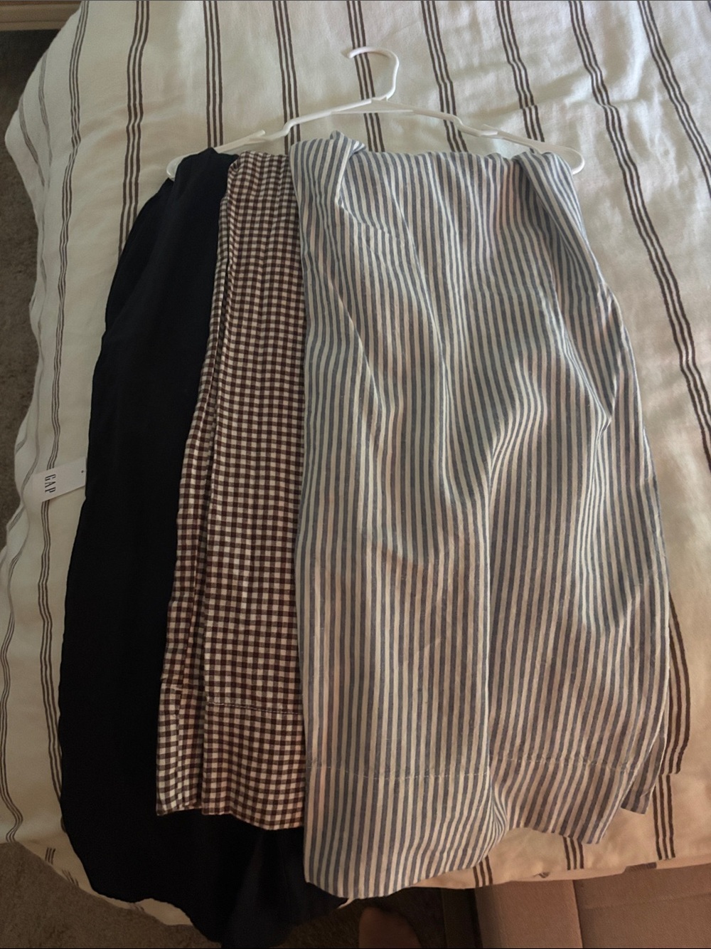 GAP Three-Pack linen pant Set in black, Brown Gingham & Blue Stripe
